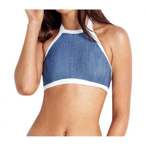 NEW SEAFOLLY block party high neck bikini top in sea denim - Picture 1 of 2
